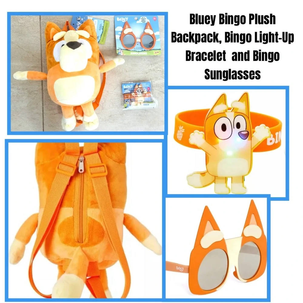 Bluey Bingo Plush Backpack, Bingo Light-Up Bracelet and Bingo Sunglasses